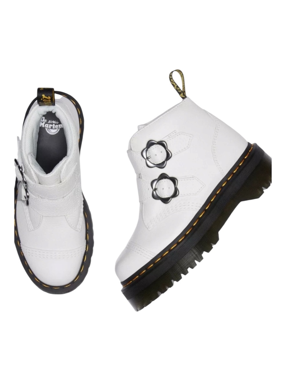 Dr Martens Devon Flower Buckle Leather Platform Boots White Size 7